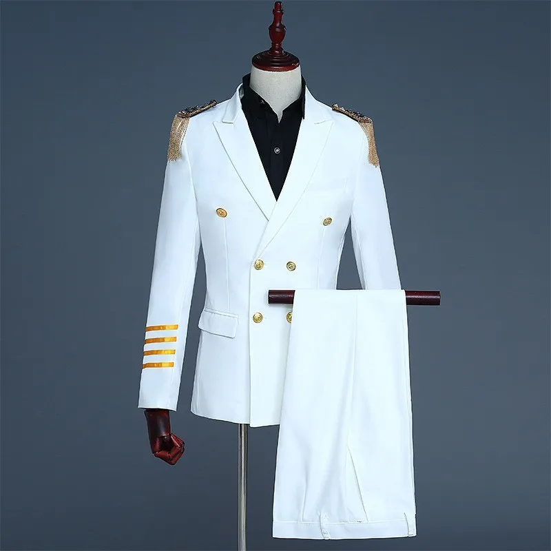 

Mens Formal Epaulet Tassels Pilot Captain Blazer Pants Suits Double Breasted Slim Fit Dress Suit Terno Masculino Costume 2 Piece