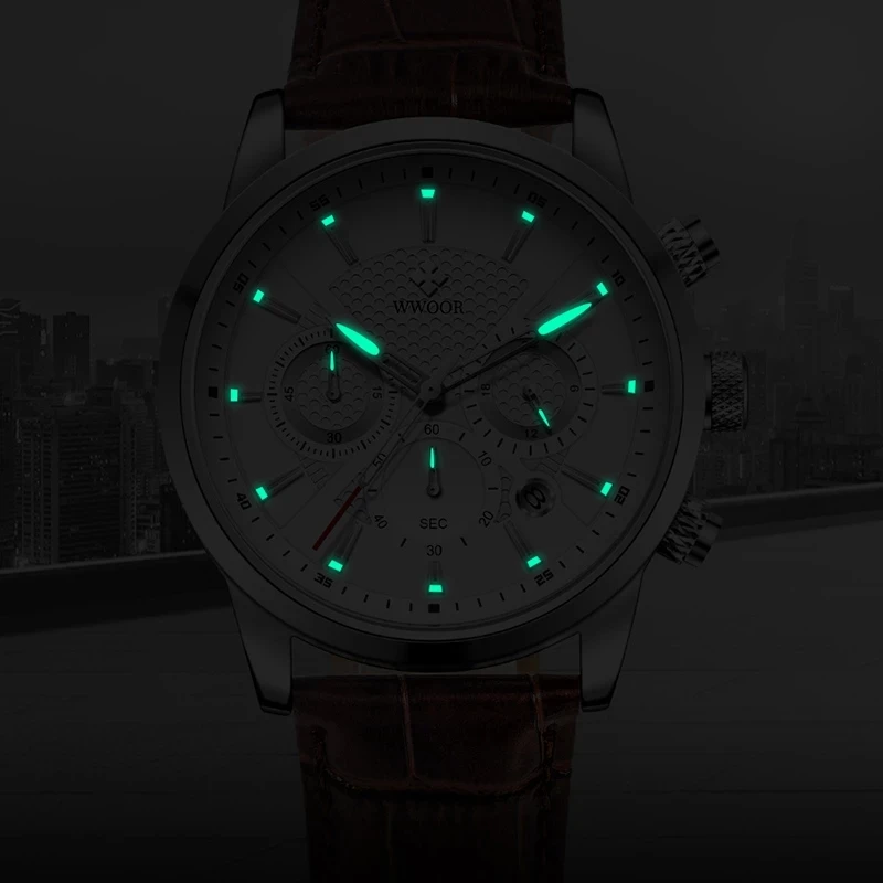 WWOOR Top Brand Men Leather Watches Calendar Chronograph Sport Clock Waterproof Men Quartz Luxury Wristwatches Relogio Masculino