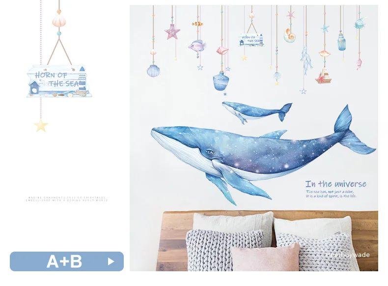 Cartoon Coral Whale Wall Sticker for Kids rooms Nursery Wall Decor Vinyl Tile stickers Waterproof Home Decor Wall Decals Murals