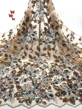 

(5yards/pc) excellent embroidered African French net lace sequins tulle lace fabric in gold high quality for party dress FZZ836