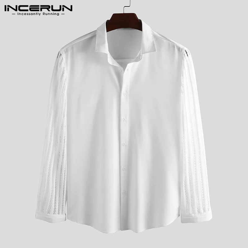 Cena INCERUN koreański moda męska jednokolorowa klapa z długim rękawem koronkowa patchworkowa sukienka koszula klubowa strona obcisła koszulka Casual męska bluzka
