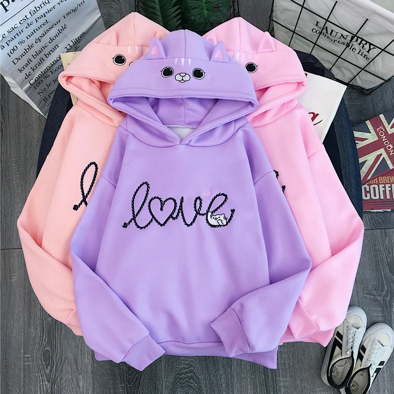 Милый стиль kawaii Женская одежда с мультяшным котом Свободные толстовки женские
