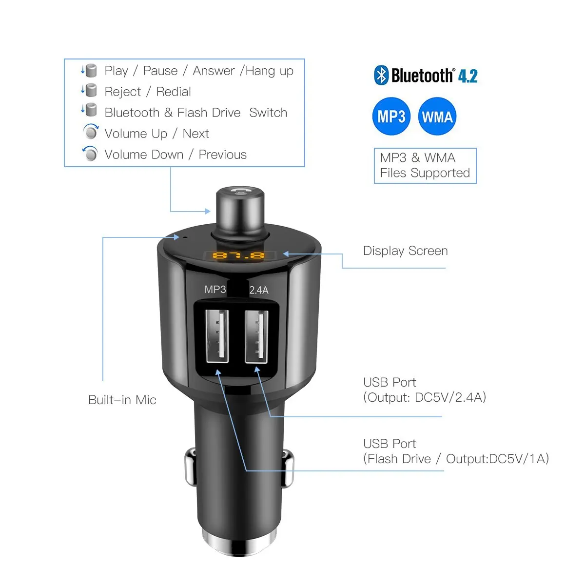 Fimilef Bluetooth fm-передатчик автомобильное зарядное устройство комплект аудио адаптер радио приемник беспроводной музыкальный модулятор с громкой связью