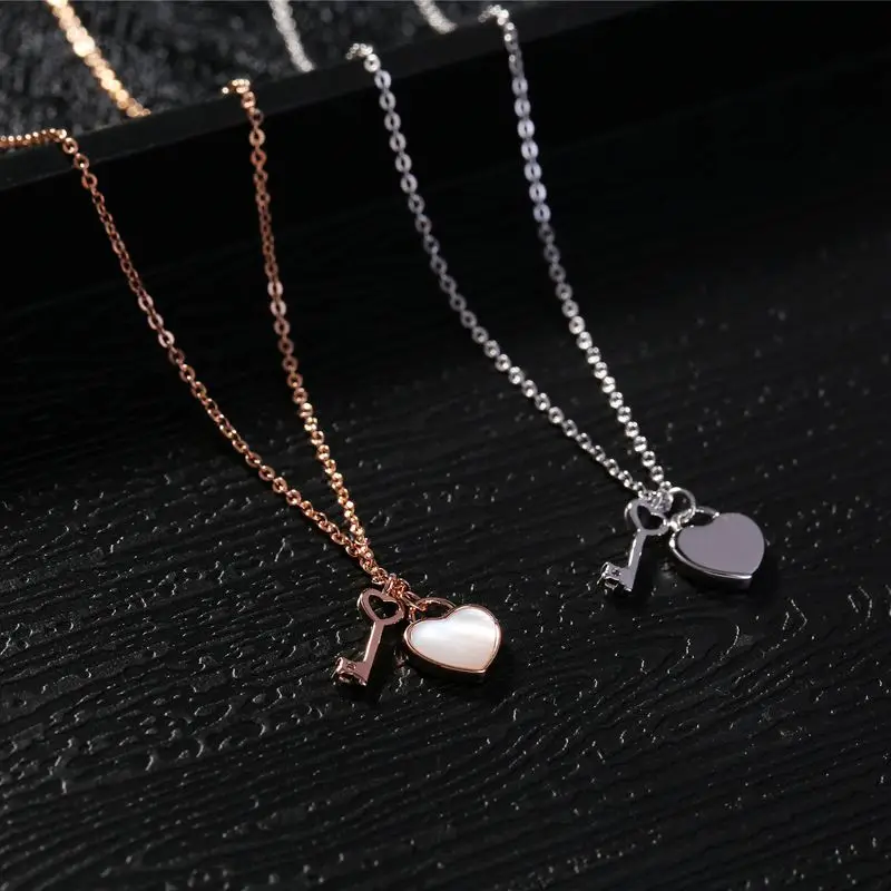 MIGGA Delicate CZ Crystal Key Shell Heart Pendant Necklace for Women Rose Gold Color Chain Jewelry