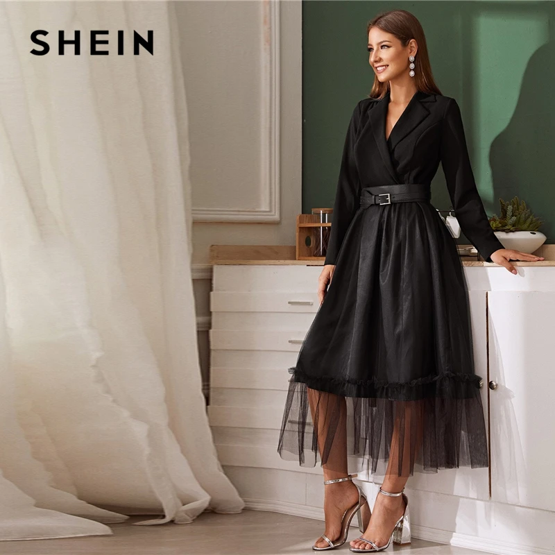 SHEIN черное Сетчатое платье с вырезом без пояса, женское осеннее платье трапециевидной формы с длинным рукавом и высокой талией, гламурные длинные платья