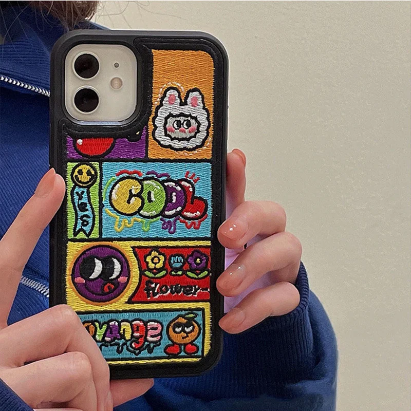 New Embroidery Cute Cartoon Lens Protective Cover Phone Case For IPhone 11 12 13 Pro Max X XR XS 7 8 Plus Back Soft | Мобильные
