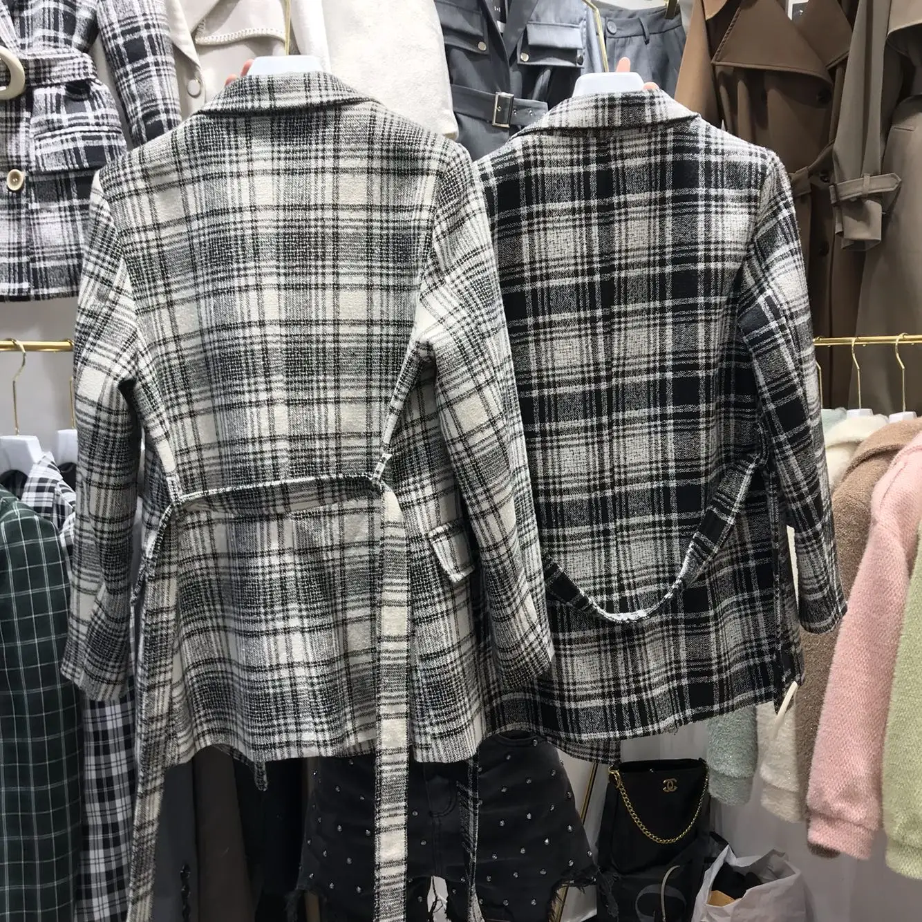 Plaid woolen suit jacket female autumn new casual loose tie belt waist suit