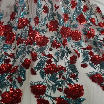 

Ombre Sequin Beaded Red violet Rosette Floral Lace Fabric Appliques Tulle Lace For Bridal Veil Dance Dress Wedding Mesh Backdrop
