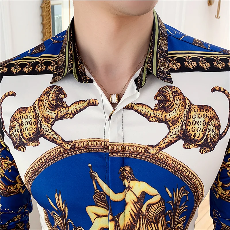 Роскошная рубашка с золотым леопардовым принтом, модная брендовая мужская Клубная одежда, модная мужская Повседневная рубашка с длинным рукавом