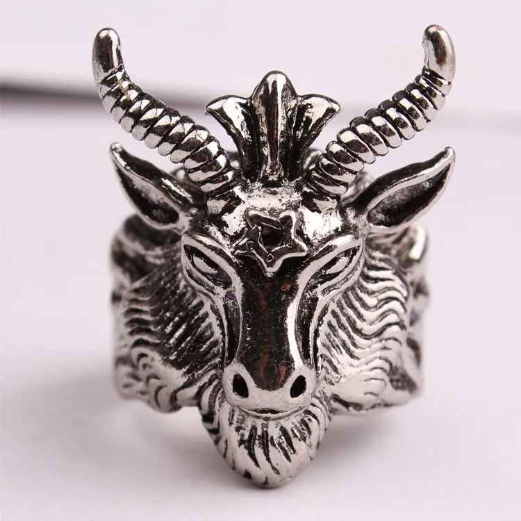 

Fashion Big Sheep Goat Horn Head Ring Satan Worship Baphomet Aries Zodiac Wicca Star For Men Unique Biker Punk Animal Jewelry