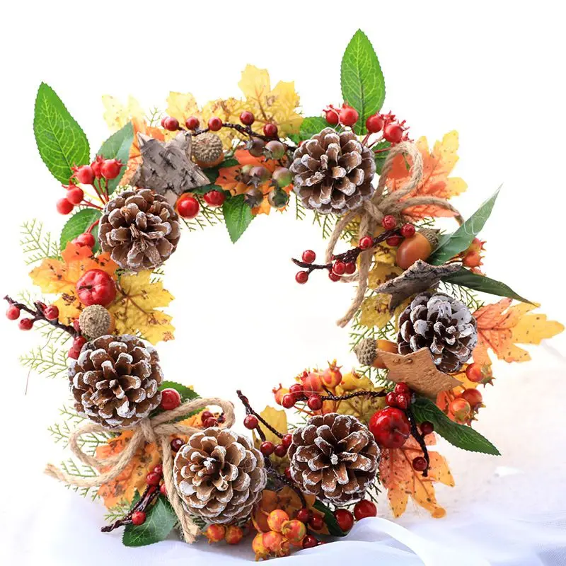 

12Inch Decoration Ornament Christmas Wreath Artificial Pine Cones Berries And Maple Leaves Holiday Hanging Front Door