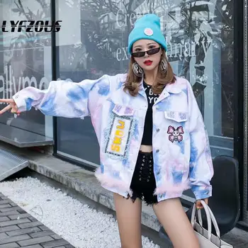 

2020 New Arrival Spring Antumn Women's Denim Jackets Sequins Cartoon Print Bf Harajuku Loose Coat Outerwear Jeans Denim Jacket