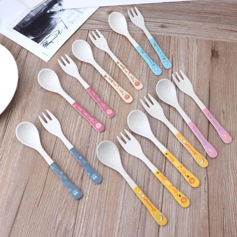 

2019 NEW 2pcs/Set Bamboo Fiber Environmental Protection Creative Cute Spoon Fork Children Gift Tableware Baby Spoon Fork
