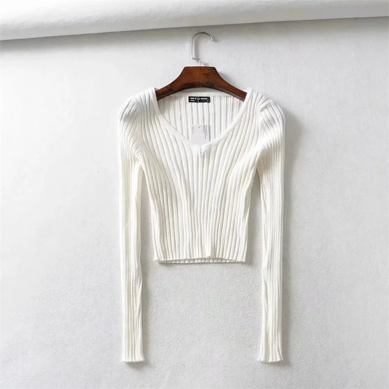 Женский короткий вязаный пуловер с v-образным вырезом, повседневный Укороченный джемпер - Цвет: white