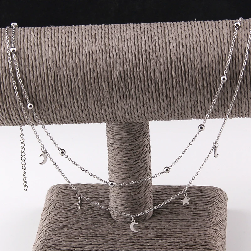 fashion Multilayer stainless steel Pendant Necklace Women Gold Color Beads Moon Star Horn Crescent double chain Choker Necklaces
