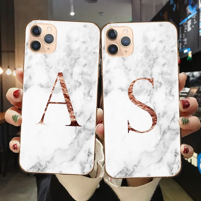 

Letter Monogram A B C D white marble Soft TPU Phone Case For Coque iphone 6 6s 7 7Plus 8 8Plus XS Max XR X 11 Pro Max Back Cover