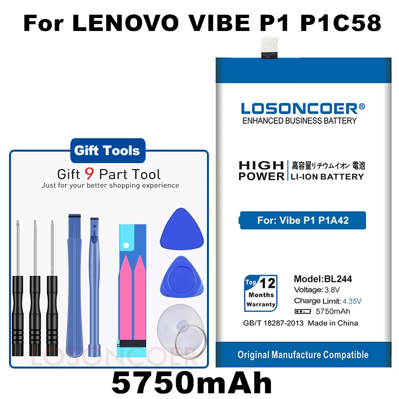 LOSONCOER 5750 мАч BL244 батарея для lenovo Vibe P1 P1A42 P1C58 P1C72 батареи мобильного телефона бесплатные инструменты подставка держатель наклейки