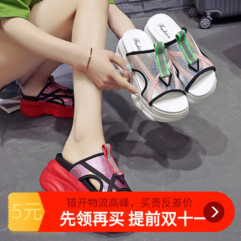 

Platform Thick Bottomed Slipper Women's Outer Wear 2019 New Style Slippers Summer High-Heel A- line Slipper Fairy-Style Sports S