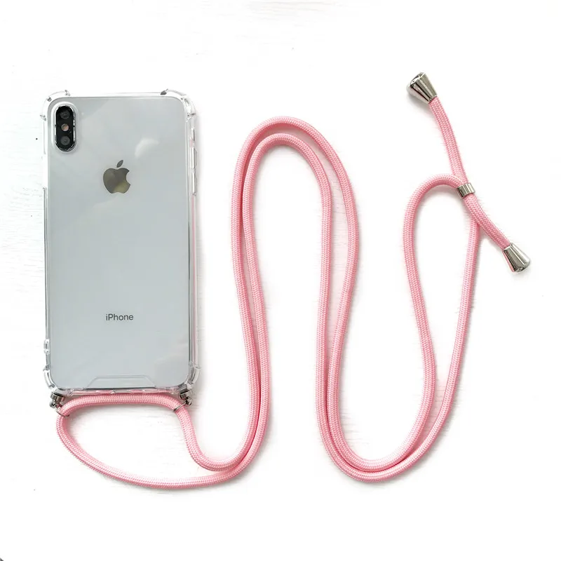 Розовый Moskado прозрачный противоударный чехол для iphone 11 Pro Max XS XR X 6 6S 7 8 Plus с ожерелье-шнурок с кулоном на ремешке - Цвет: Розовый