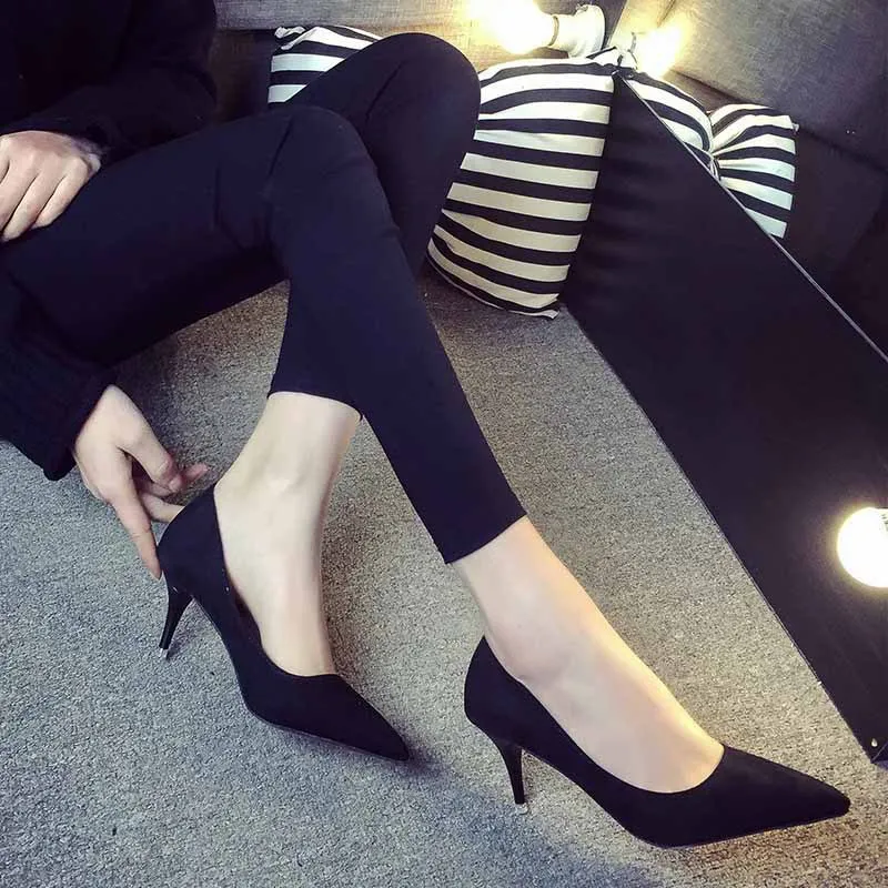 

2018 Spring And Autumn New Style Korean-style Pointed Shallow Mouth Solid Color Suede Shoes WOMEN'S High-heeled Shoes Comfortabl