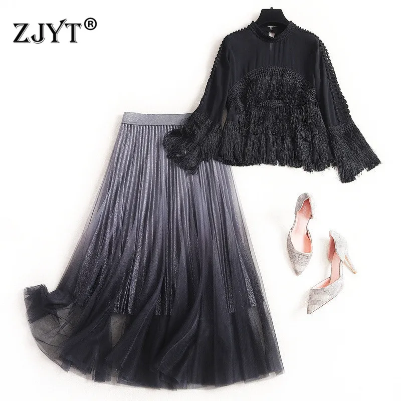 

Street Style Fashion Women Skirt 2Piece Set 2020 New Designer Long Sleeve Tassel Patchwork Chiffon Top and Tulle Skirt Suit Sets