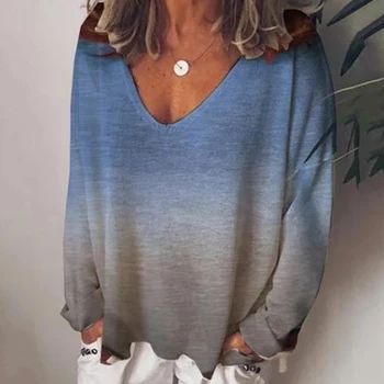 

Casual Autumn Women's T-shirts Plus Size Gradient Color V-Neck Tops Tee 2020 Female t shirt Long Sleeve For Ladies Tee