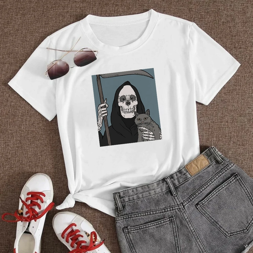 

High Brand Edgy shirt Women T-shirt grim Reaper and Cat Print Fashion Streetwear Trend T Shirt Harajuku Casual Tshirt Ropa Mujer