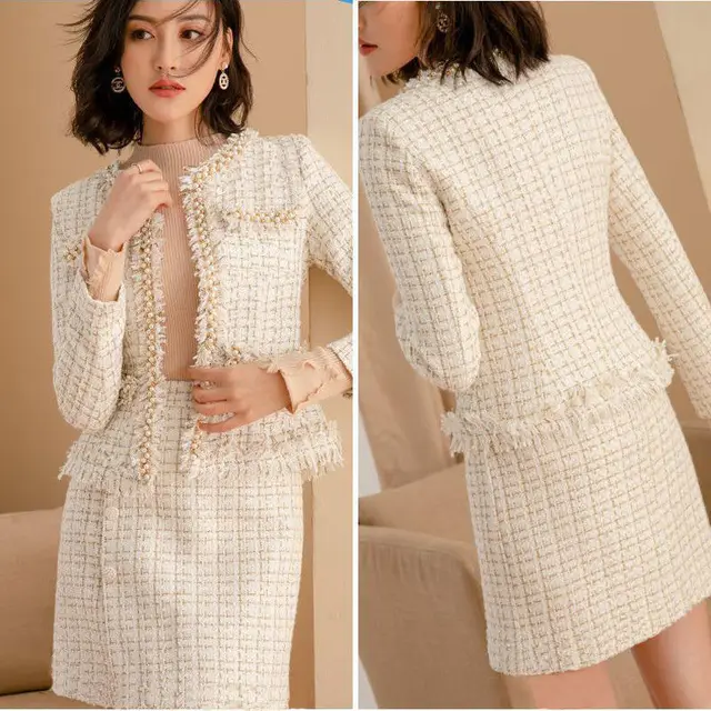 Luxury Women white Tweed 2 Piece Set Autumn Winter Woollen Beading Pearl tassel Jacket Coat High Waist Pencil Suit