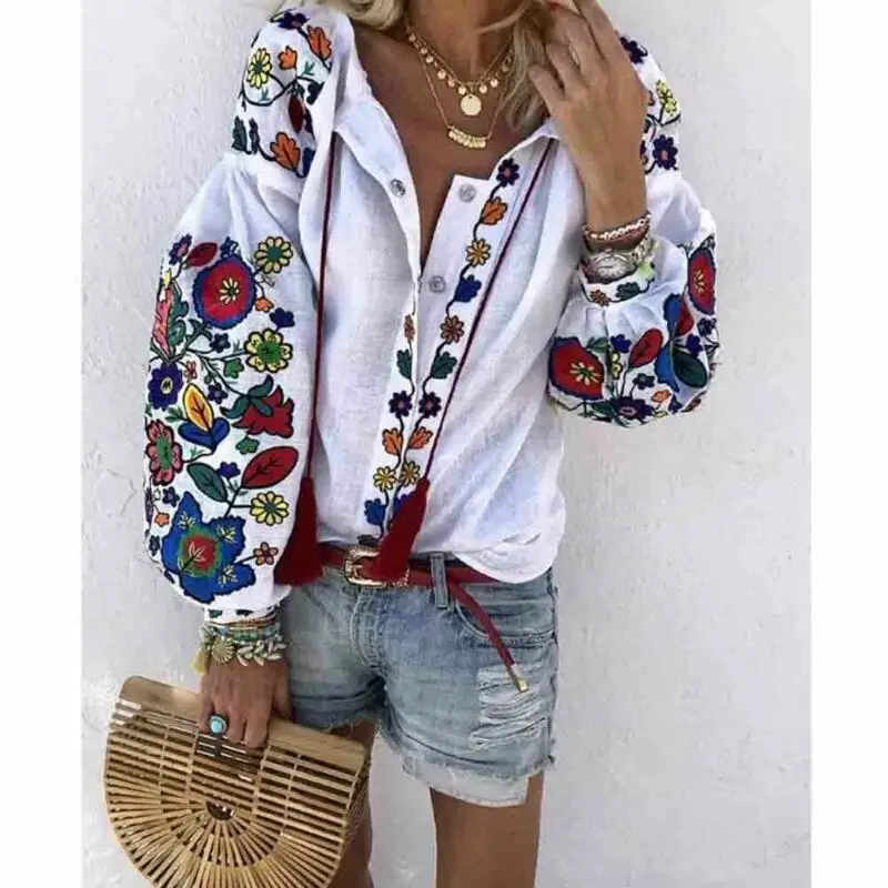 Hirigin Spring Autumn Women Casual Flower Print Linen Button Long Lantern Sleeve Tunic Blouse National Feature Wear
