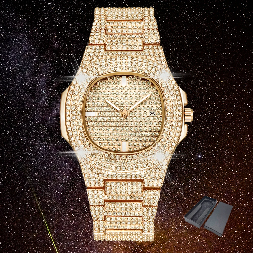 Baratos Reloj de cuarzo para hombre, de acero inoxidable y oro, con diamantes brillantes, estilo Hip Hop, para hombres, relojes de cuarzo, a prueba de agua, para mujer