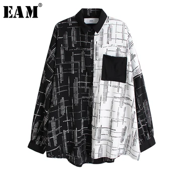 

[EAM] Women Black Pattern Printed Split Big Size Blouse New Lapel Long Sleeve Loose Fit Shirt Fashion Spring Autumn 2020 1R522