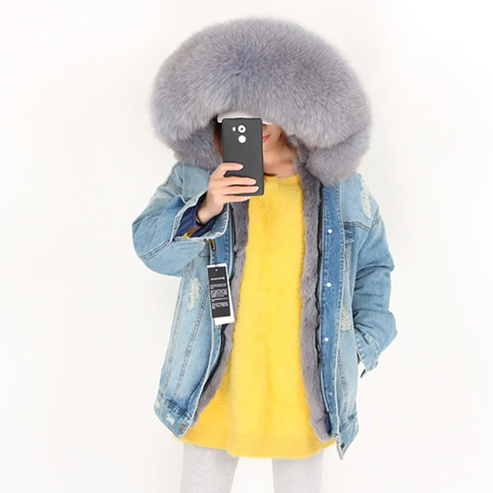 2020 new ripped denim pie overcoming rabbit fur