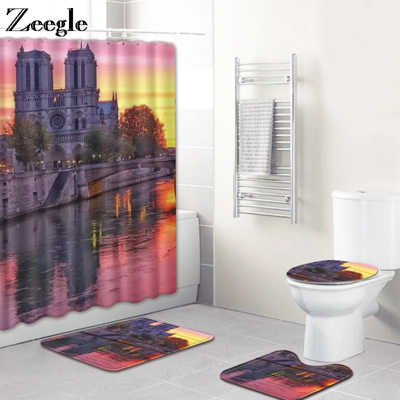 Zeegle Bath Rug Set Toilet Floor Rug Foot Mat Waterproof Shower Curtain Pedestal Rug Bath Accessories Building Soft Toilet Set