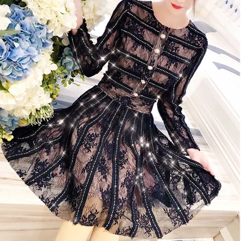 

AELESEEN Black Dress 2020 Spring Summer Women Long Sleeve High Quality Lace Pearls Beading Draped Diamonds Button Sexy Dress