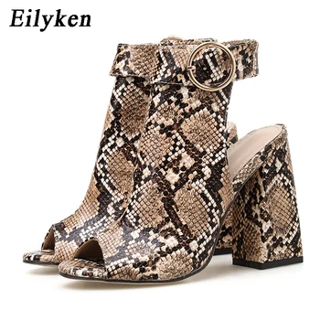 

Eilyken Summer New Buckle Strap Ankle Boots Roman Woman Gladiator Sandals Sexy Snake Print Peep Toe Square Heels Ladies Shoes