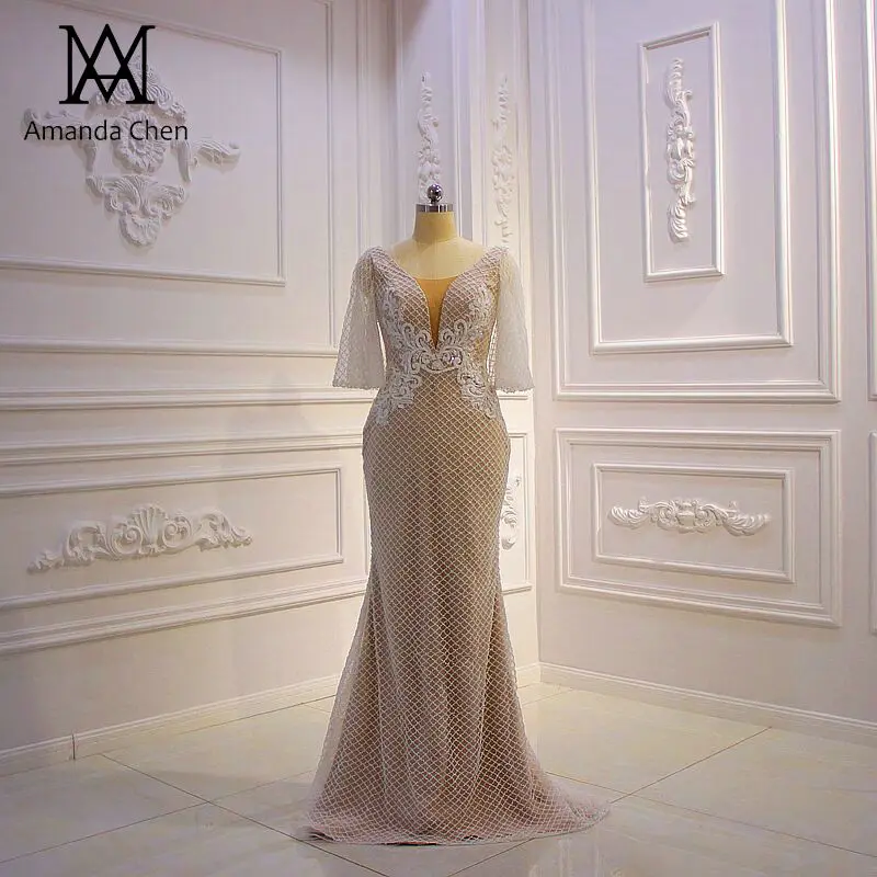 Шампанское Robe mariage Половина рукава Кружева Аппликации сетки бисера Шампанское свадебное платье - Цвет: Шампанское