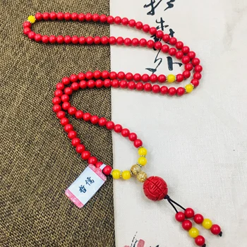 

Zheru natural cinnabar carved red flower bead pendant with two-color bead necklace men and women sweater chain can do bracelet
