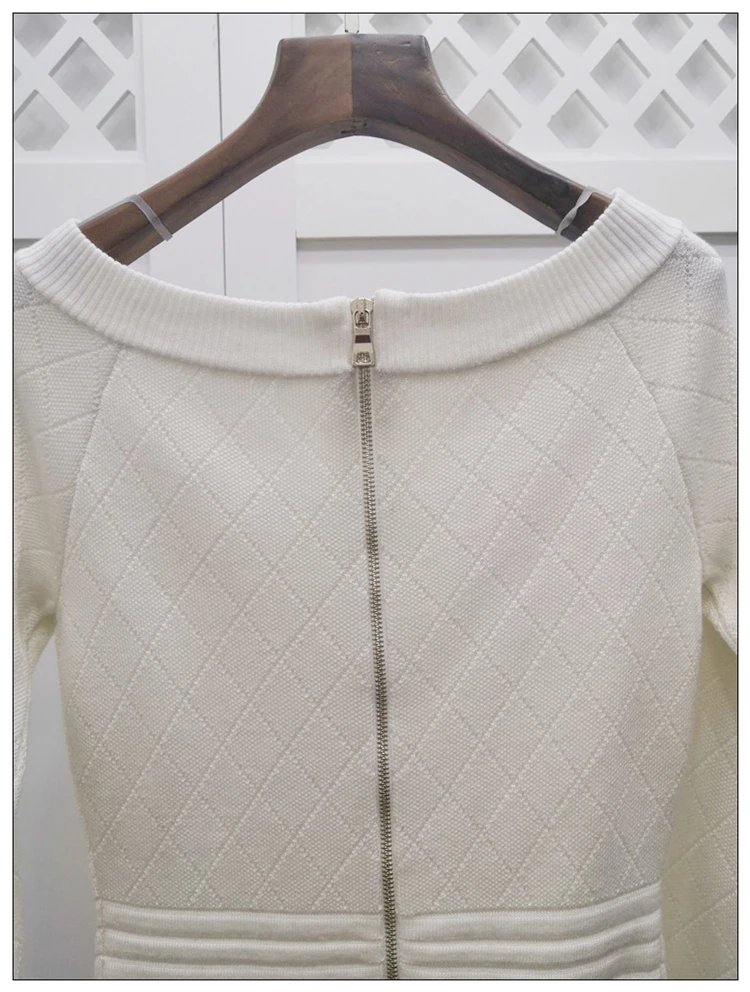10.30 Wool+ Tencel fashion New Slash neck Argyle button decoration slim long sleeve solid package hip knitted dress