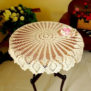 

Home Vintage Hand Crochet Tablecloth White Hollow Lace Cotton Linen Round Table cloth Topper Wedding Decor Dustproof