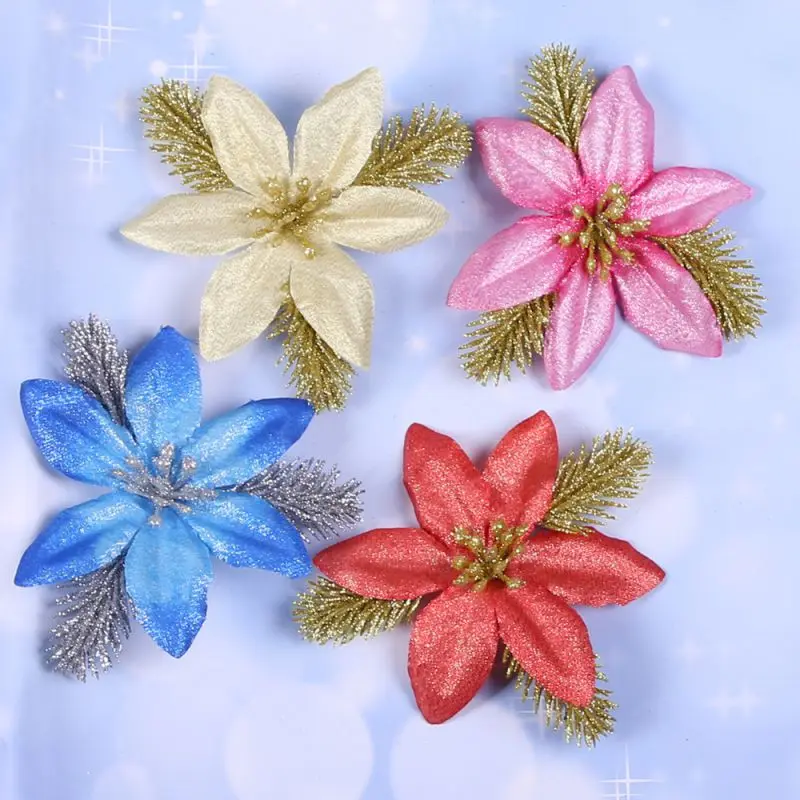 Рождественские блестящие ажурные искусственные листья, цветы, вечерние украшения для дома