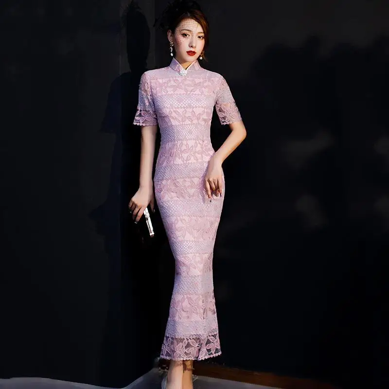 Красные женские кружевные Длинные Cheongsam Spring весеннее винтажное платье в китайском стиле Модные Qipao тонкие вечерние платья с пуговицами Vestido - Цвет: Light Purple Pink
