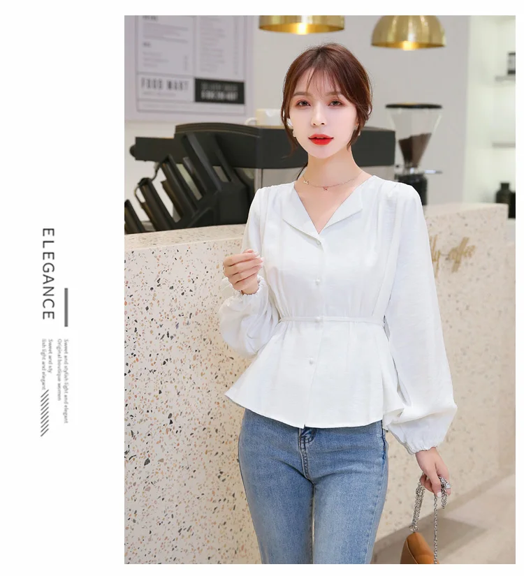 Новая мода blusas mujer de moda осенние дизайнерские женские рубашки однотонные повседневные женские блузки женские топы с v-образным вырезом размера плюс 6431 50