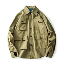 Винтажные Ретро Quad Cargo Карманы Мужские рубашки военные черные наряды с пуговицами шерстяная куртка пальто