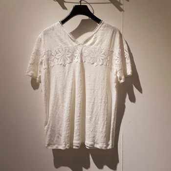 

19 Summer Stitching Lace V Collar Solid Color Loose Short Sleeve Round Collar T Shirt T11632e93053