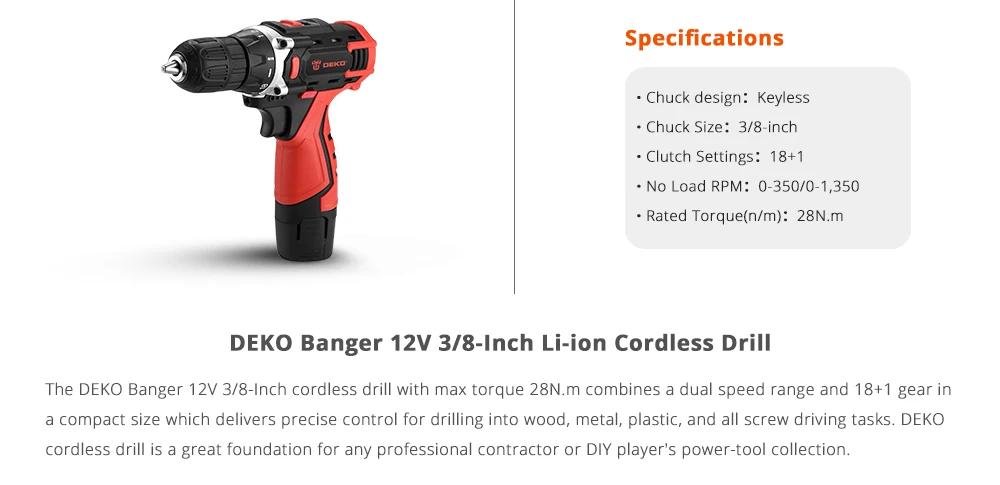 Factory Outlet DEKO New Banger 12V Cordless Drill Electric Screwdriver Adjustable Speed Work with DC Lithium-Ion Battery