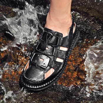 

Summer Male sandals Outdoor Men Comfortable Casual Shoes handamde sewing genuine Leather Men Breathable Beach Shoes Sandals