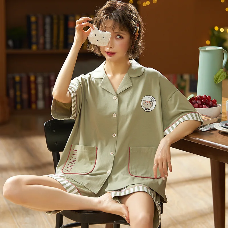 

Sleepwear Soft Cotton Nightwear Shirt&Shorts Cute Green Sleep Set Home Clothes Plus Size 2XL 3XL Summer Women Pajamas Set 2PCS