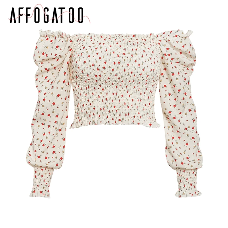 Affogatoo Sexy Off shoulder Boho floral print women blouse shirt Casual Lantern sleeve pleated female top ladies cropped blouses
