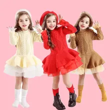 Осенне-зимние вязаные свитера; платье для маленьких девочек; Детские платья-пачки для девочек; Красная рождественская одежда; детское праздничное платье принцессы