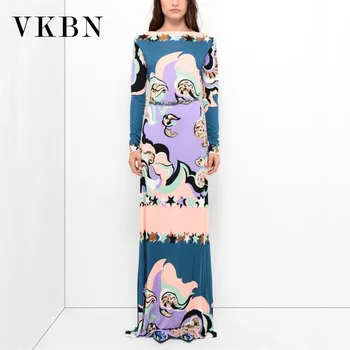 

VKBN High Quality News Fashion Long Dress Women Full Sleeve O-Neck Geometric Pattern Printing Maxi Dresses for Women